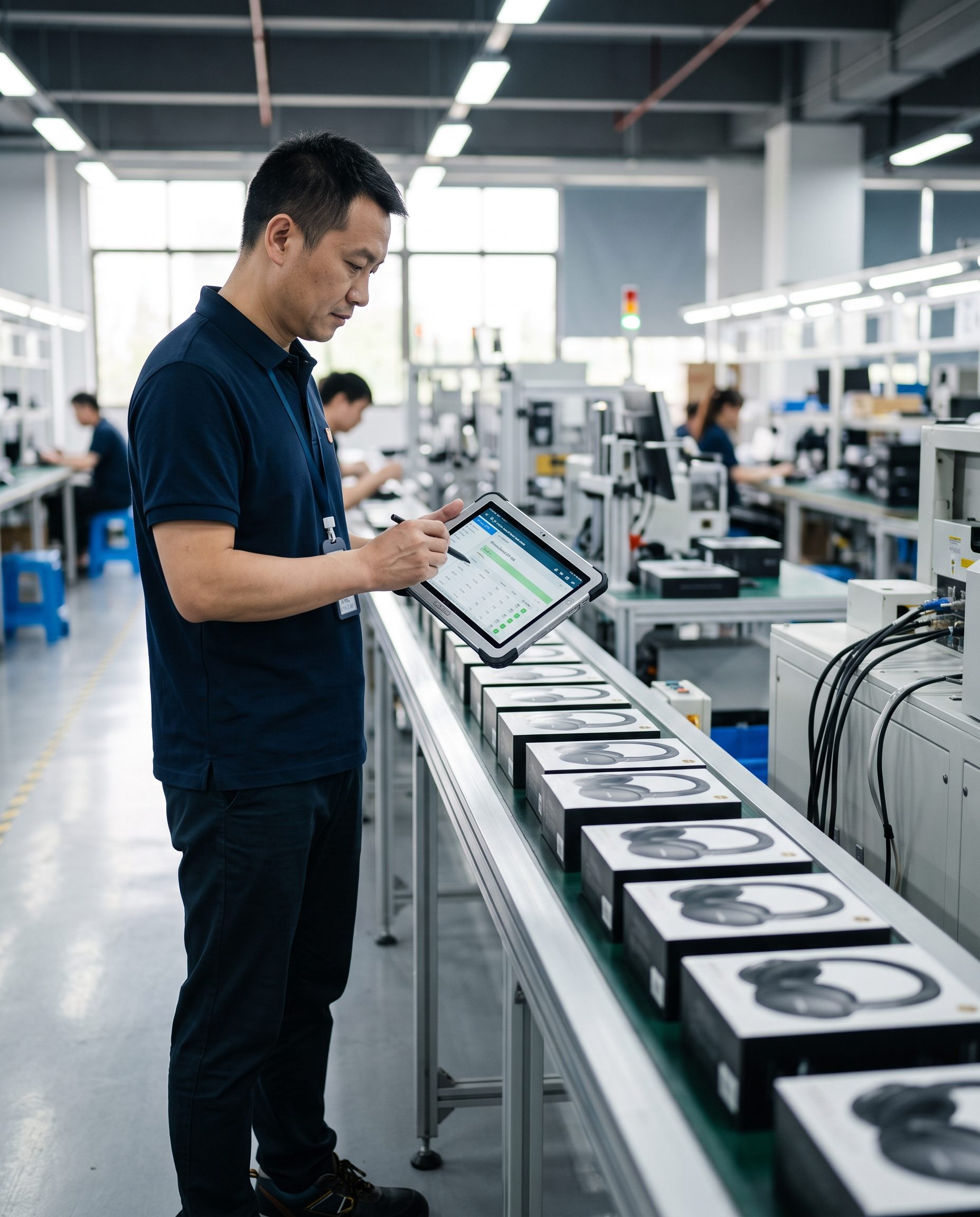 Equipo de ALIL inspeccionando la línea de producción en una fábrica en China